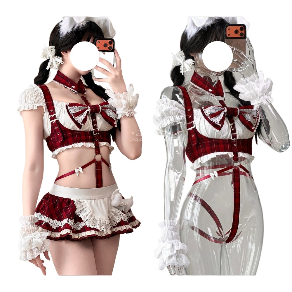 Anime Cosplay Bunny - 귀여운 레드 플래드 메이드 코스프레 의상,